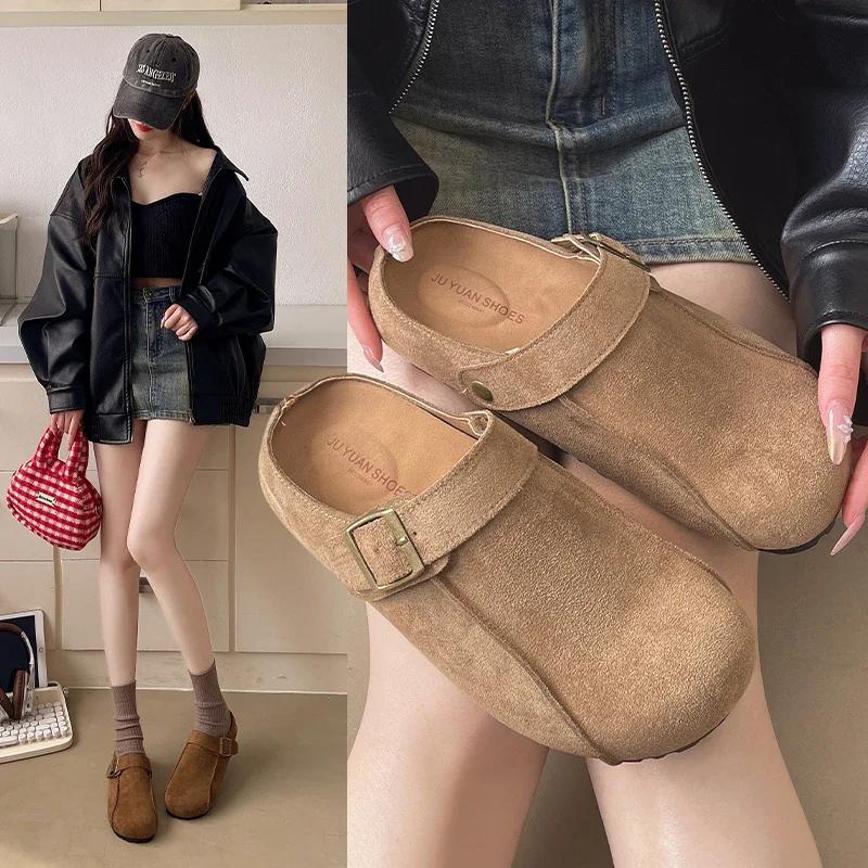 Fashion 2025 Shoes Female Closed Toe Women's Slippers Outdoor Casual Slippers Women Buckle Round Toe Platform Flat with Warm Shoes Women