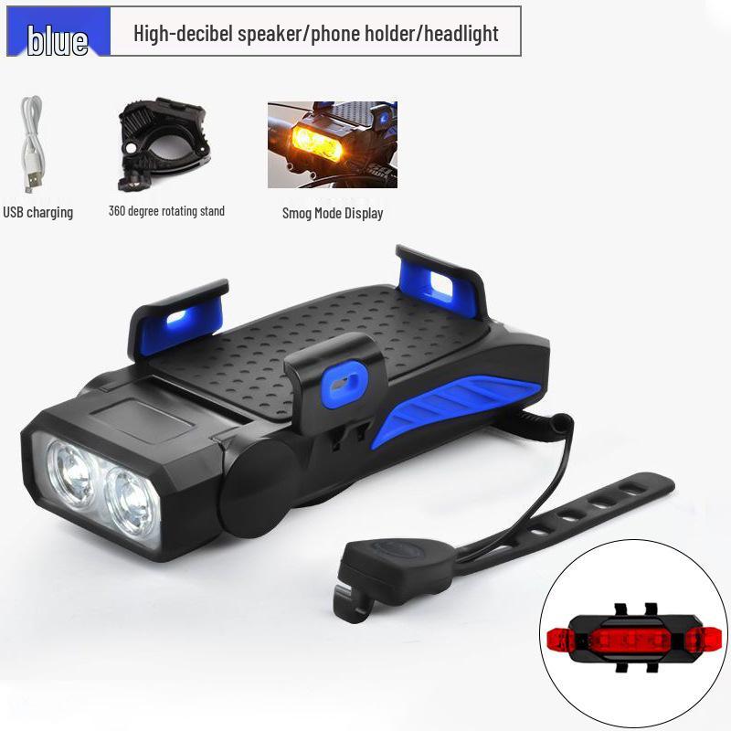 Luce Bicicletta ad Alta Luminosità: Supporto per Telefono Cellulare 4-in-1, Campanello, Fanale Posteriore e Anteriore con Ricarica USB per Ciclismo all'Aperto