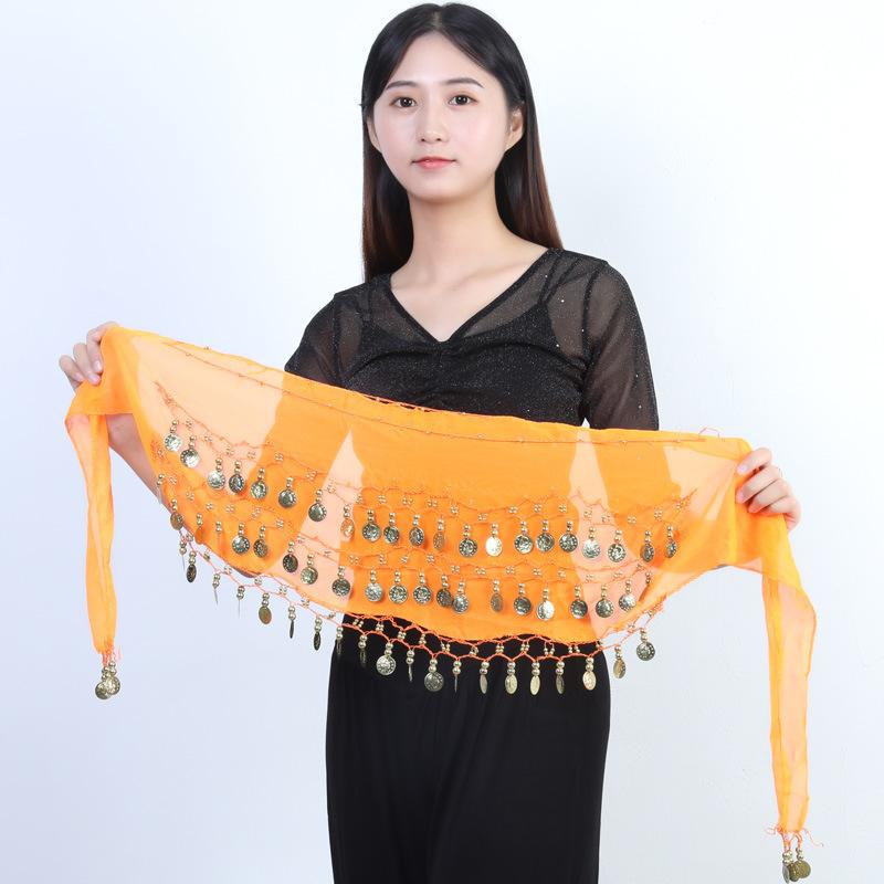

Traditional Belly Dance Hip Scarf with Decorative Coins for Women 145cm помаранчевий