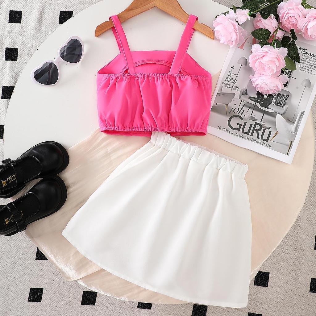 2PCS Girls 3D Flower Beaded Cami Top & Button Skirt Set, Casual Summer Two-Piece Outfit