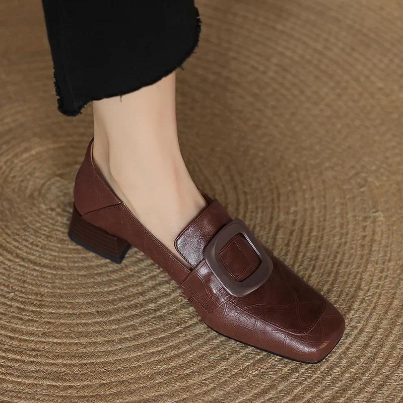 Fashion Chunky Woman Leather Shoes Square Toe Dress Office Loafers Shoes Woman Trend Designer New Elegant Heels Shoes Female Pumps