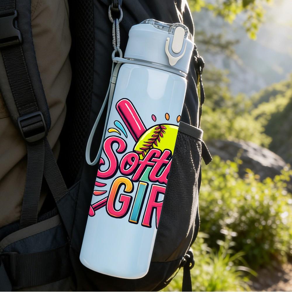 1PC Softball Girl Letter Design 750ml Color Plastic Sports Water Bottle Leakproof Flip Straw Lid Suitable for Sports Office Home Use