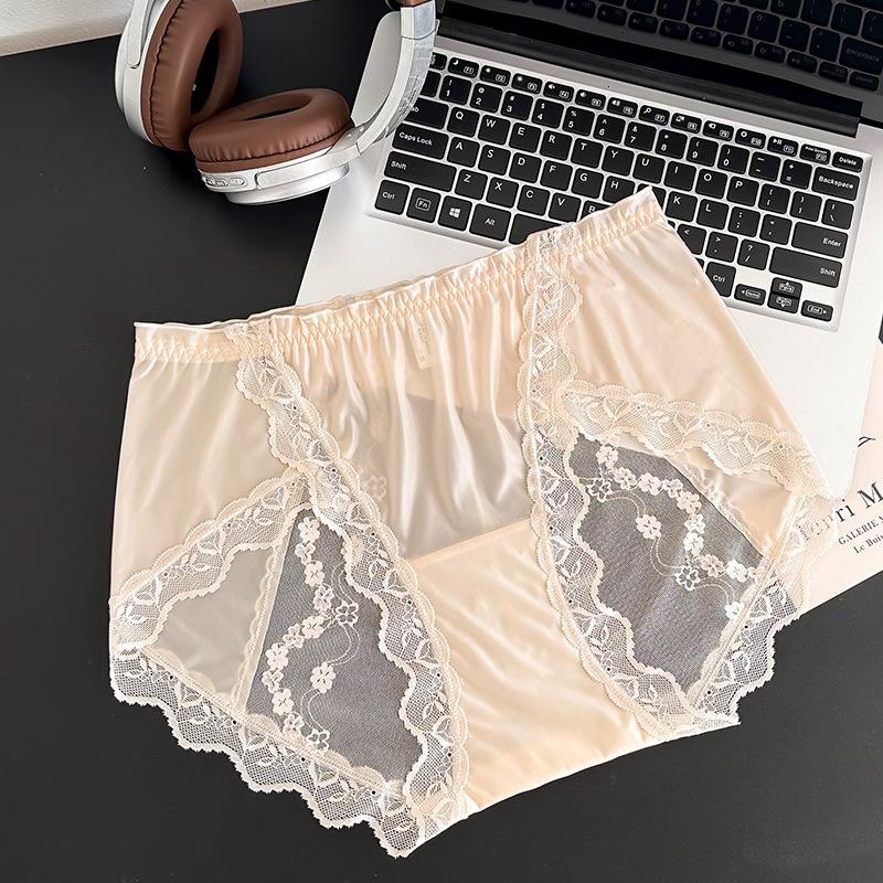 Plus Size Ladies Summer Thin Sexy Lace Bow Translucent Cotton Crotch Triangle Briefs