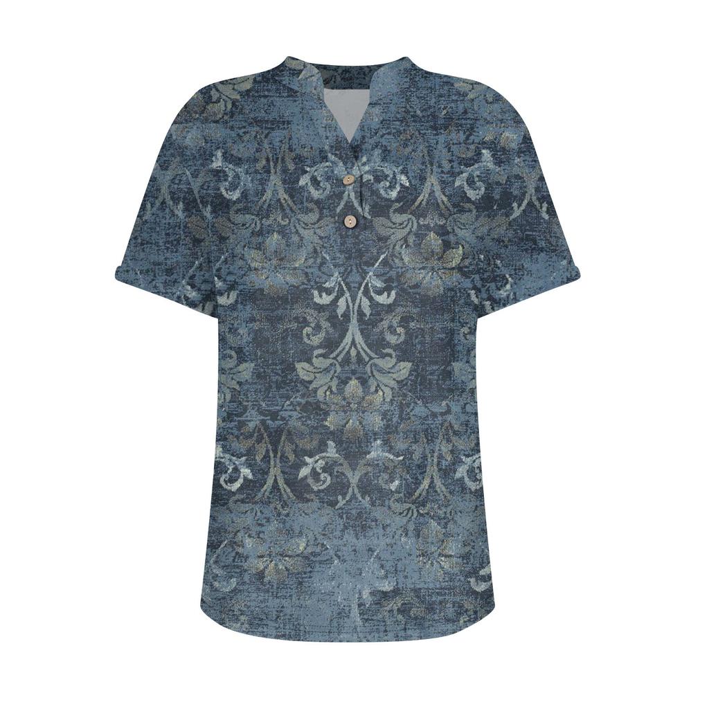 Women's Fashion Casual Printed V-Neck Short Sleeve Button Down Shirt T-Shirt Top