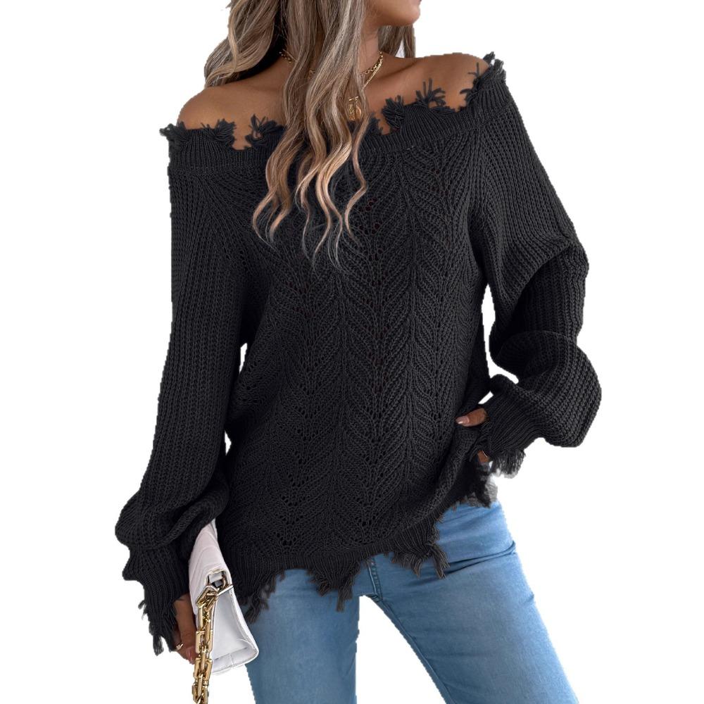 Women's Knitted Sweater for Autumn/Winter Solid Colour Lace-Up Long Sleeves Ragged Hem Off-Shoulder Pullover Loose-Fit Top