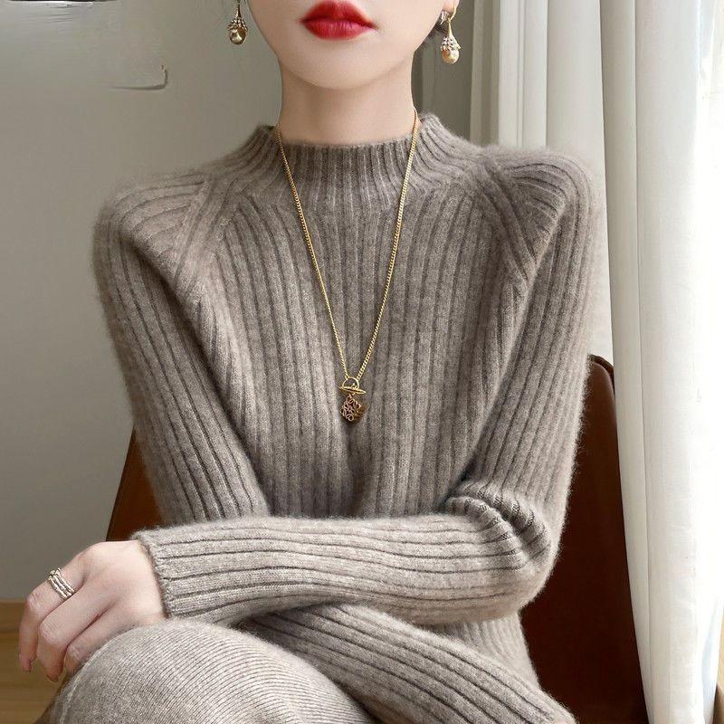 Autumn Winter Women Knitwear Slim Fit Semi High Neck Pure Color Loose Short Knitted Sweater Base Layer