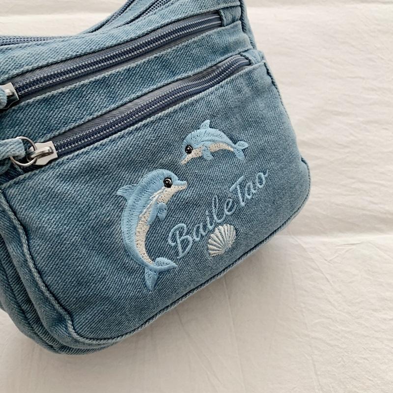Vintage Denimtasche Damen Mehrschichtig Kleine Tasche Bestickt Schulter Crossbody-Tasche