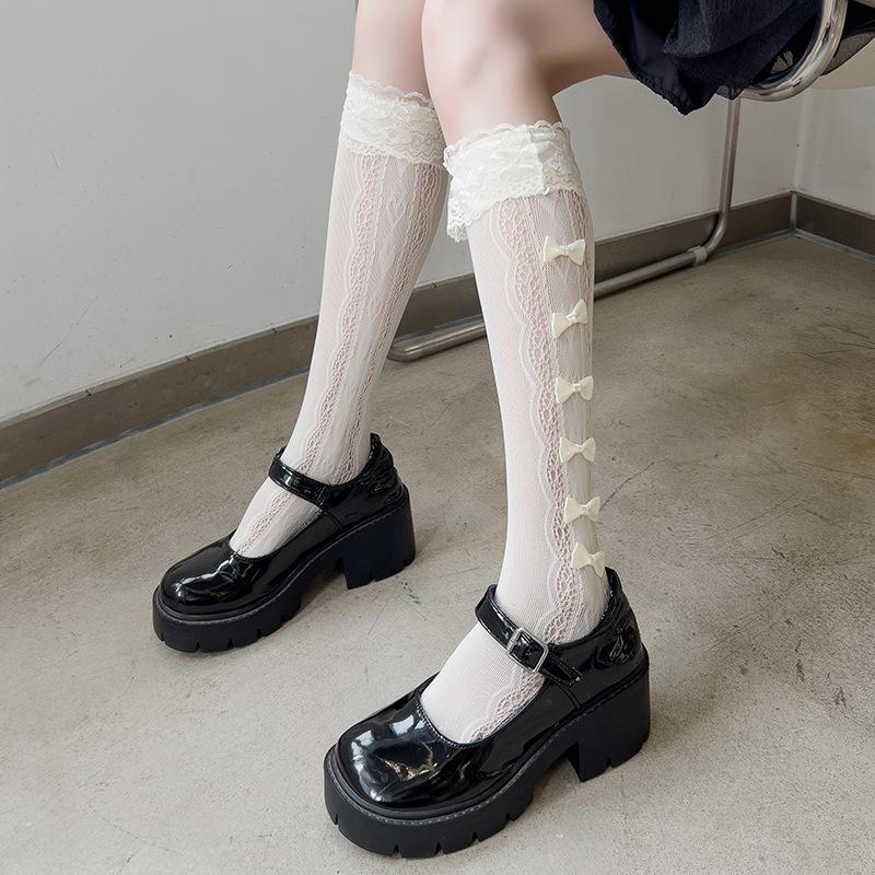 

Женские тонкие летние носки с кружевом, с боковым вырезом и бантом на голенище 1 pair бежевый