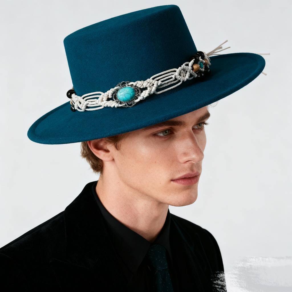 TurquoiseFedora Hat Women Men Autumn Winter Classic Felt Wide Brim Flat Top Jazz Panama Hat Casual Party Church Hat