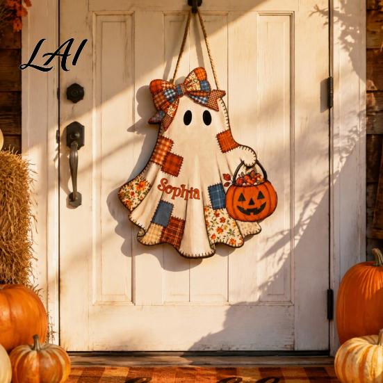 Seasonal Wall Hanging for Parties Halloween Wooden Patchwork Ghost Pendant Vintage Autumn Harvest Sign Cute Retro Ornament Walls Pendant with