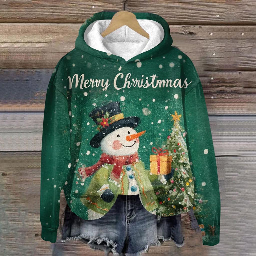 Women's Fashion Long Sleeve Christmas Print Loose Hooded Sweatshirt Top