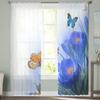 Cortinas Voil Transparentes de Flor Azul Primavera com Borboleta para Janela de Sala de Estar Cortina de Tule Transparente Cortinas para Quarto Decoração de Casa