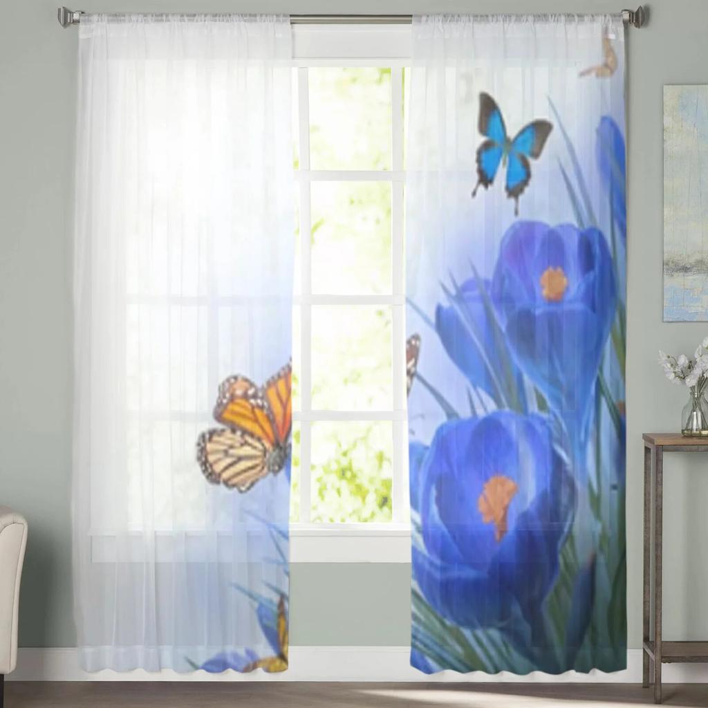 Jarní modrý květ s motýlem Průsvitné závěsy pro okna obývacího pokoje Průhledný tylový závěs Závěsy do ložnice Domácí dekorace