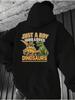 Men's Black Cotton Blend with Dinosaur Print Hoodie - Loose Fit Streetwear Pullover Kangaroo Pocket & Suitable for Dino Fans Outdo
