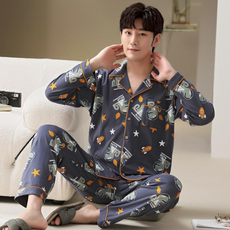 Plus Size Faux Cotton Print Men's Pajamas Korean Ins Autumn Y2k Male Nightwear