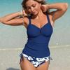 Womens Solid Top Floral Two Piece Tankini Swimwear For Beach Swimming Vacation