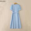ZANZEA Summer Women Short Sleeve Front Lace Splicing Casual Long Maix Dress