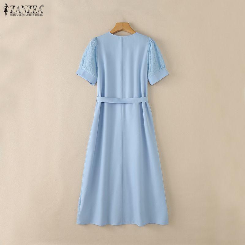 ZANZEA Summer Women Short Sleeve Front Lace Splicing Casual Long Maix Dress
