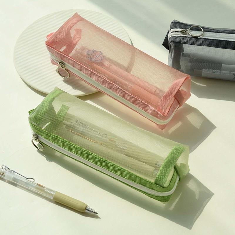 Cute Transparent Pencil for Case Mesh Makeup Storage Holder Pouch Solid Color for Travel Cosmetics Stationery Small Craf