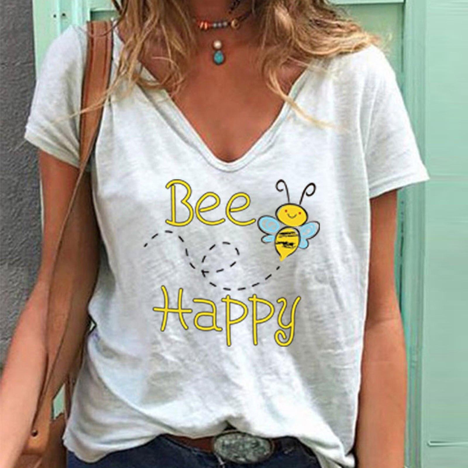 

Модные весенние блузки с принтом маленькой пчелки, футболки с коротким рукавом и V-образным вырезом, повседневные M белый