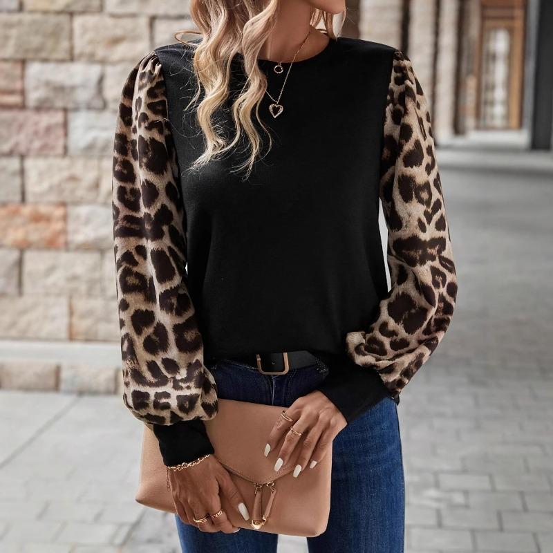 Dámské S Dlouhý Rukáv Kulatý Výstřih Patchwork s Leopardím Vzorem Tričko Ležérní