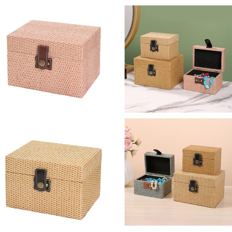 Convenient Travel Storage Box Wicker Pattern Jewelry Presentation Case Multi Functional Wooden Earrings Necklaces Holder