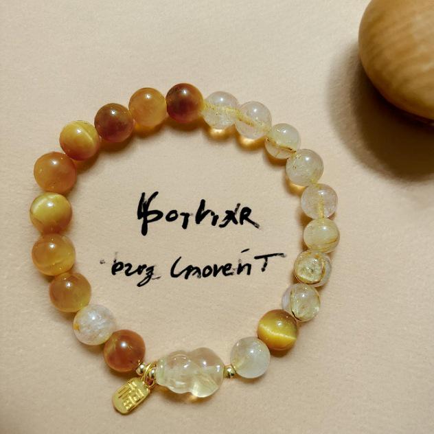 Women's Natural Golden Tiger Eye & Rutilated Quartz Crystal Bracelet - Elegant Wealth Stone Gift