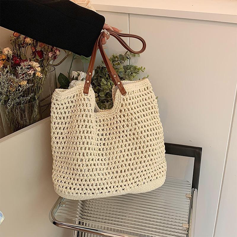 

Повседневная большая вместительная хлопковая плетеная сумка из ниток, новая полая сумка ручной работы через плечо, пляжная сумка для отпуска, универсальная женская сумка