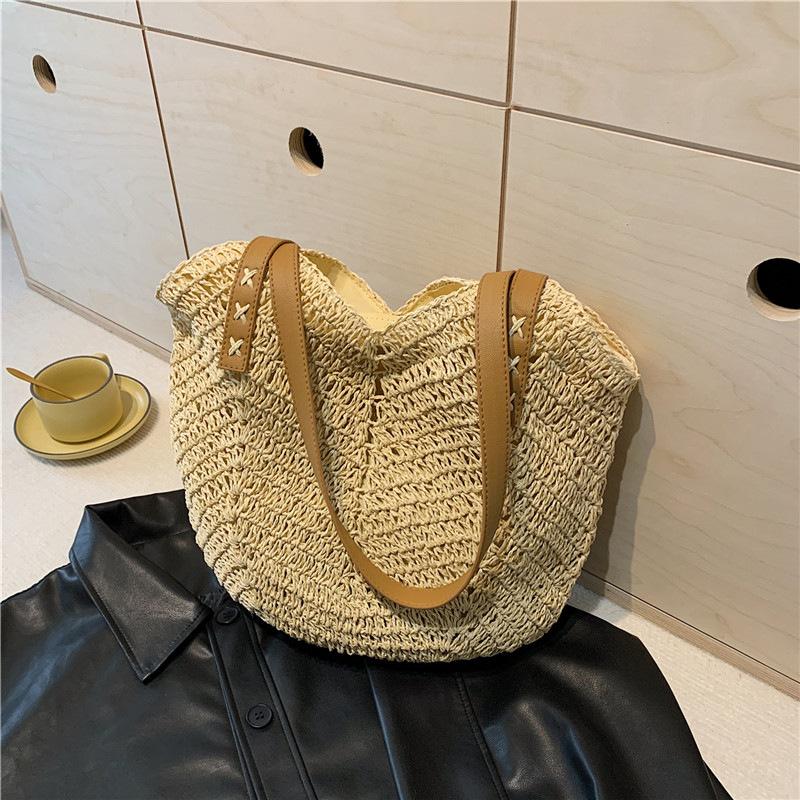 Summer Straw Bag 2025 New Seaside Vacation Beach Woven Bag Large Capacity Shoulder Tote Bag