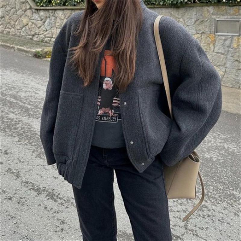 Spring 2023 Women's Casual Loose Workwear Bomber Jacket with Stand Collar Y2K Style