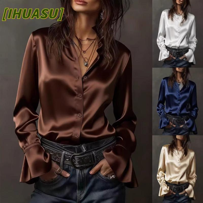 IHUASU Mode Femme Décontracté Couleur Unie Impression Manches Longues Col Rond Chemisiers & Chemises Design International
