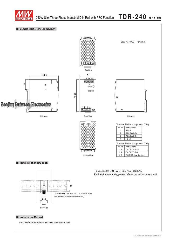 TDR-240-48 Three-Phase 380V DIN Rail 48V 240W Power Supply Replacement for DRT