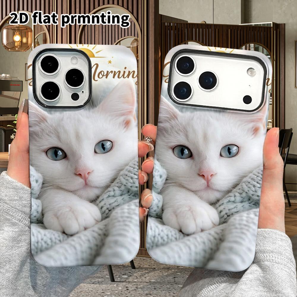 Phone Case: 2D Flat Design Suitable for iPhone 18 17 16 15 14 13 Pro Film Protective Case, Couple Style, Fluffy White Cat, Christmas and Halloween Gif