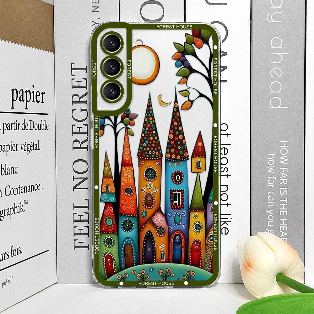 Hand Painted Forest House Clear Phone Case for Samsung A55 A54 A53 A51 A70 A32 A31 A22 A13 4G 5G Soft Cover Aesthetic Art Fundas