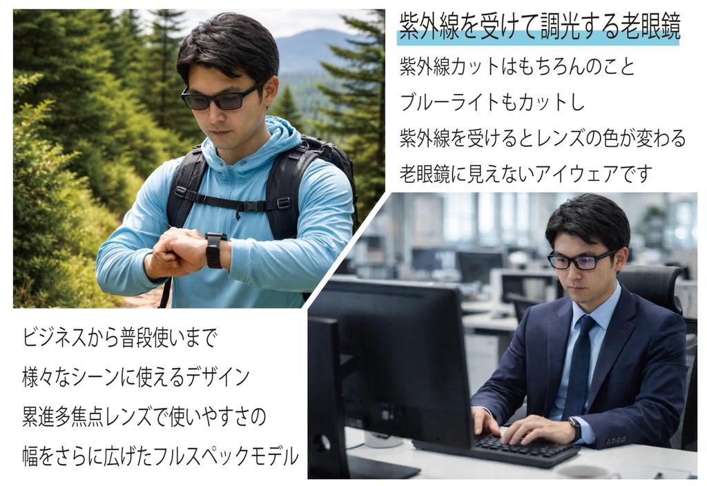 [FaceTrick Az Label] Bifocal Reading Glasses, Sporty Frame [Designed by a Sabae Manufacturer] Men's Reading Glasses, Blue Light Blocking, Photochromic