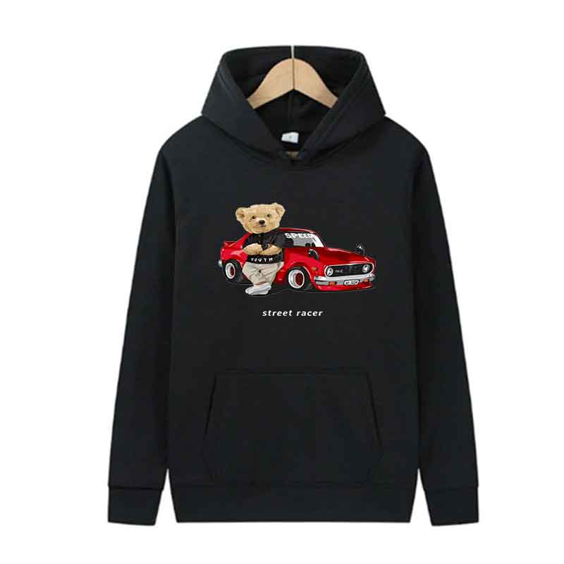 Spring Autumn Fashion Casual Hooded Sweatshirt Men Women Street Simple Hoodie Little Bear Drive A Car Printing Unisex Top