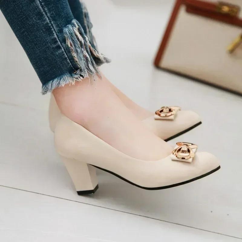 fashion 2024 New Women's Shoes Basic Slip-On Versatile Dress High Heels Women's Round Toe Bow Metal Decorated Thick Heels Female