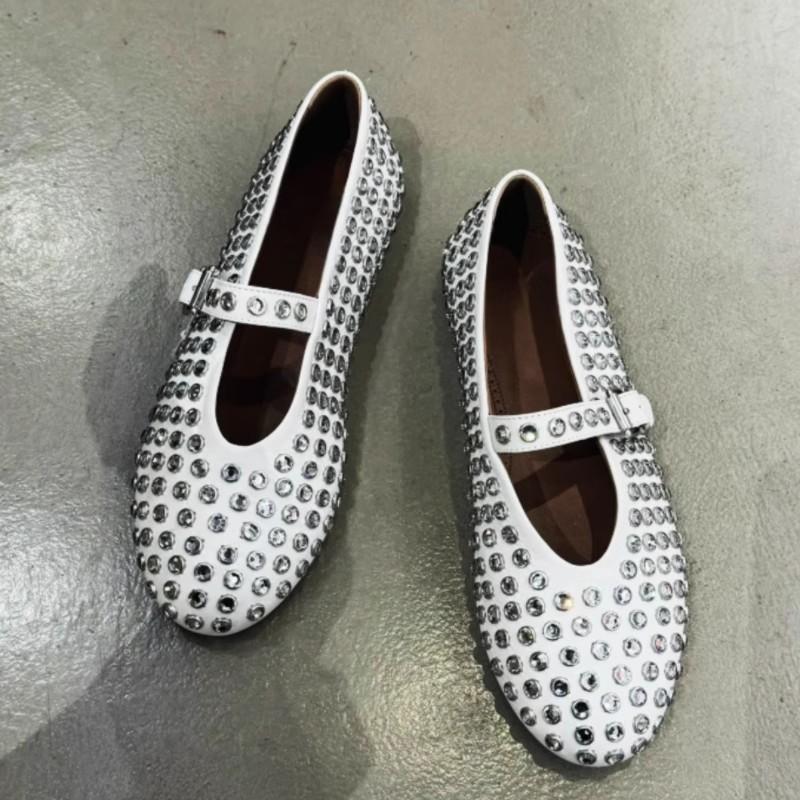 

Spot second hair! Leather rhinestone ballet shoes women s round head flat bottom one word with European and American retro Mary Jane single shoes 40