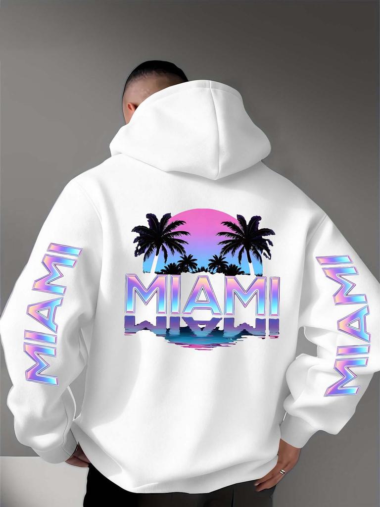 Street Culture Symbol Print Hellblau Gradient Sonnenuntergang + Palme. Herren Herbst-Winter Kapuzenpullover mit Miami-Schriftmuster-Print