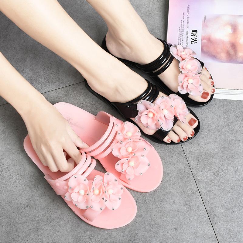 Sandalen für Damen tragen Mode Kristall Jelly Sandalen Meerseite rutschfest wasserdicht Strand Blume Sandalen Plastik Hausschuhe