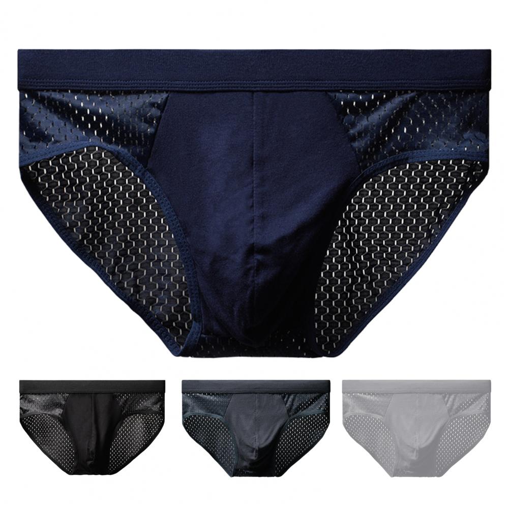 Men Briefs Mid-rise Elastic Waist Mesh Stitching Ice Silk Panties Breathable Solid Color U-Convex Underwear Daily Wear