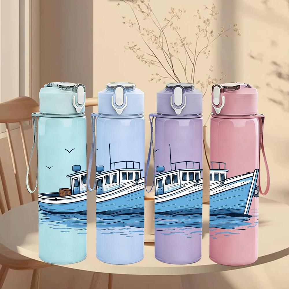 1PC Retro Sail Boat Ship 750ml Color Plastic Sports Water Bottle Leakproof Flip Straw Lid Suitable for Sports Office Home Use