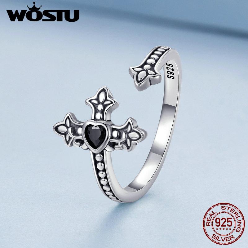 WOSTU Real 925 Sterling Silver Punk Jewelry Retro Cross Open Ring For Women Cool Black CZ Statement Adjustable Rings Party Gift