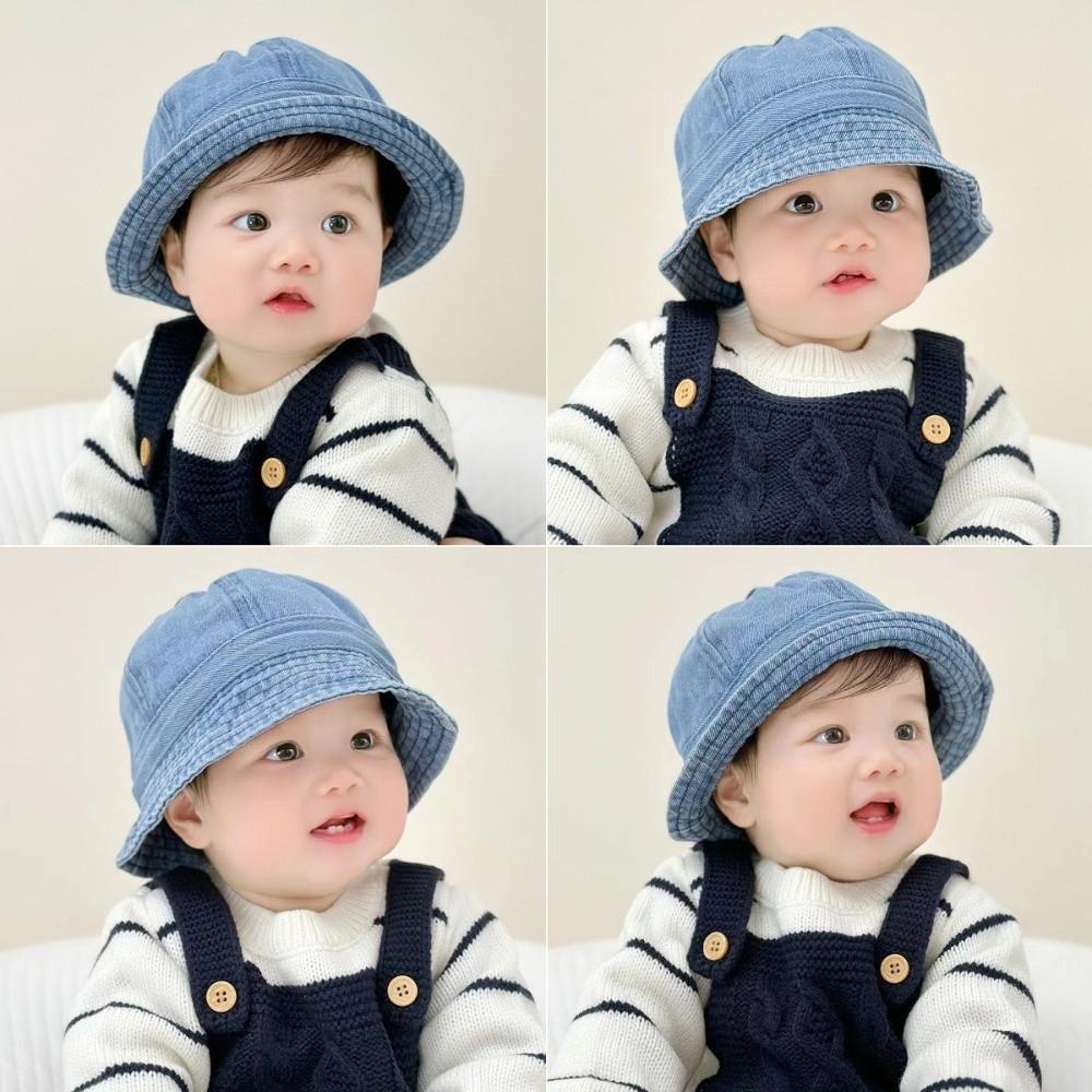 Korean Style Baby Sun Hat Solid Color Children Fisherman Cap Sweet Washed Denim Bucket Hat  Outdoor