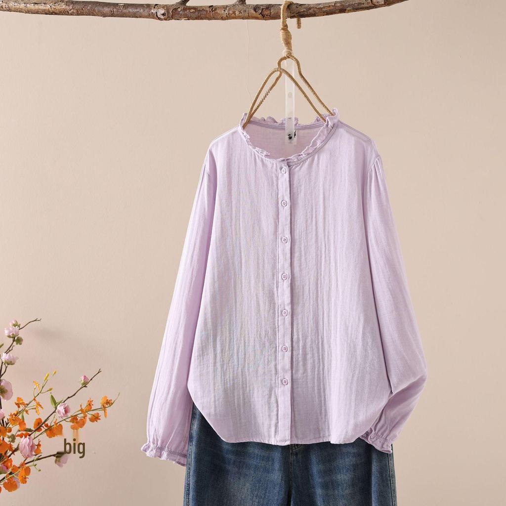 Japanese Style Women's Long Sleeve Lace Collar Shirt: Double Layer Cotton Gauze Loose Blouse