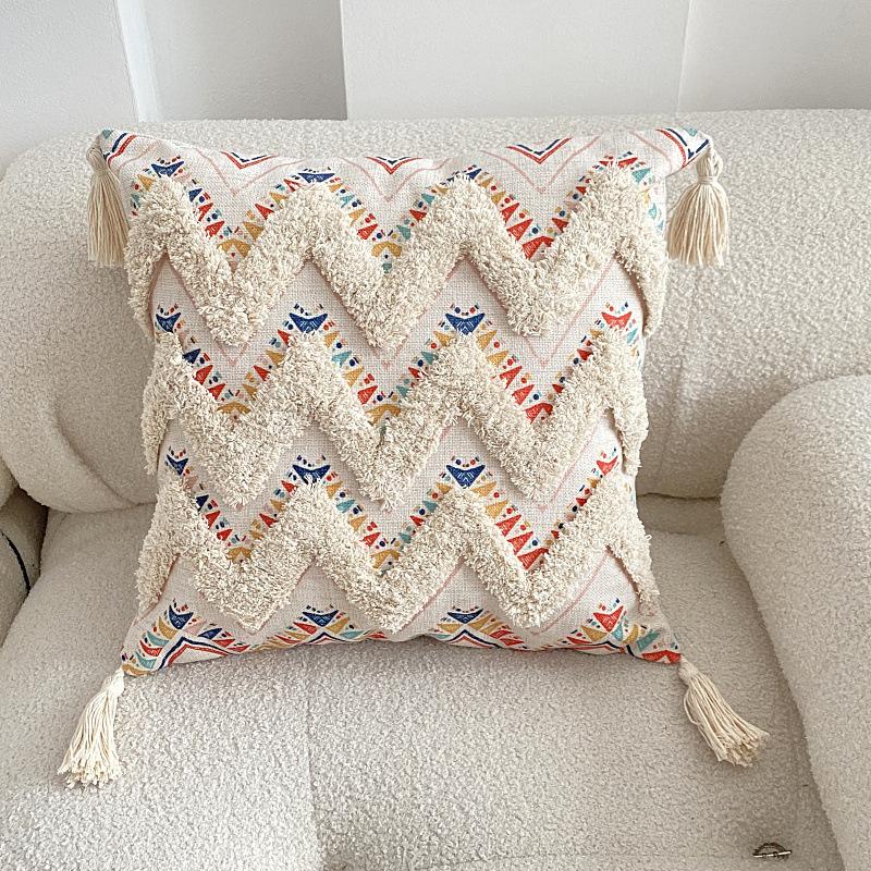 Bohemian Tufted Linen Pillow Case Ethnic Print Decorative Cushion Cover for Sofa Bedroom and Home Styling