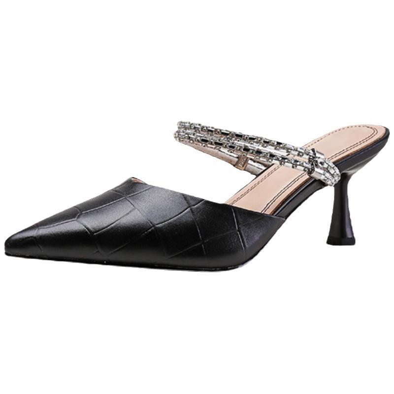 2025 summer new lady sandals women's summer bag head two wear thin heels pointed high heels rhinestone slippers outside