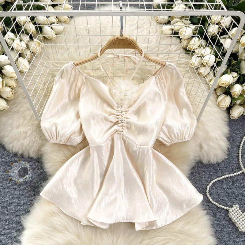 

Pure Desire Style Flower Halterneck Summer Shirt Women s Scheming Lotus Leaf Hem Stylish French Joker Puff Sleeve Top Apricot color One size