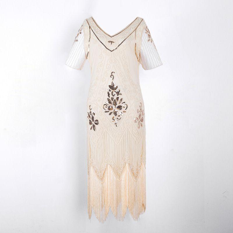 

Hot Sale European American High-End Amazon Sequin Dress Costumes 1920 Retro Sequins Dress White S