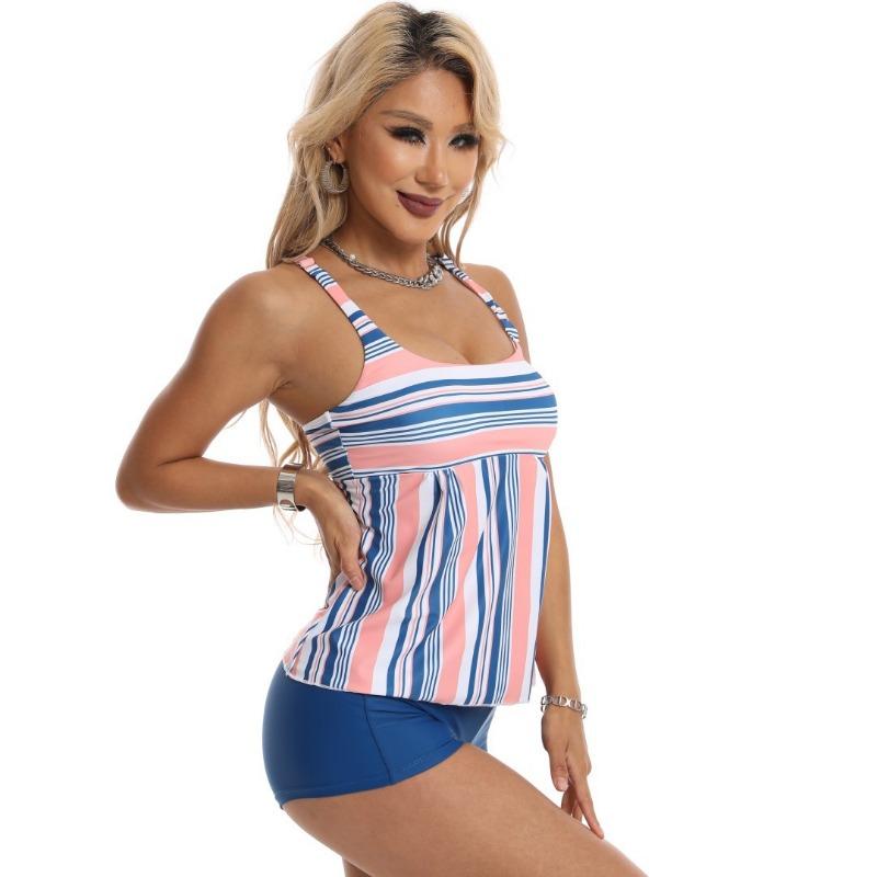 Plus Size Striped Print Tummy Control Split Tankini Swimsuit For Women